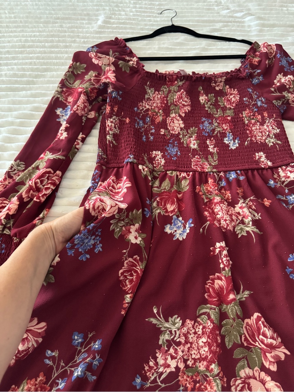 Women’s Long Sleeve Burgundy Floral Autumn Dress - Picture 2 of 8